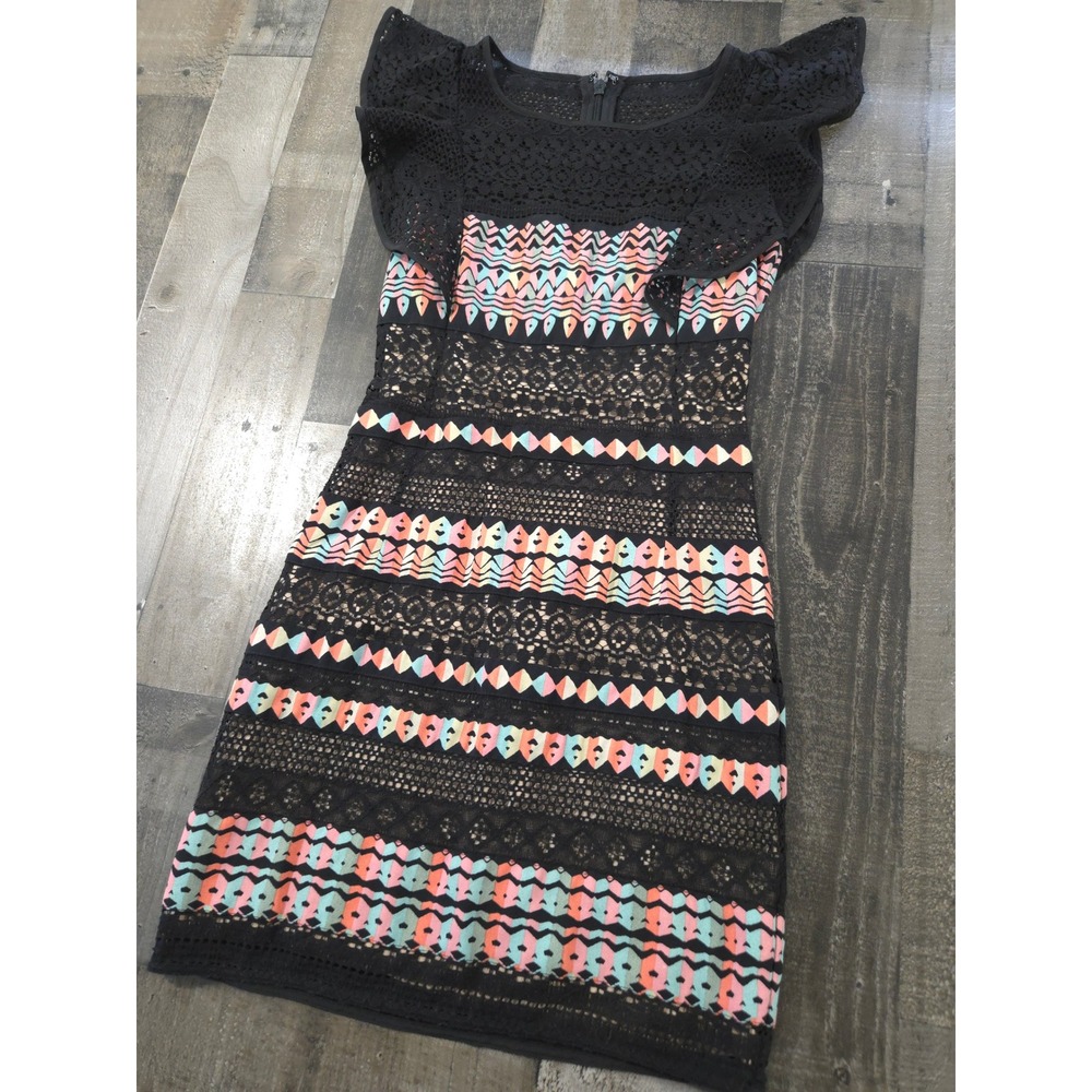 BCBGMAXAZRIA Roxine Black Multicolor Lace Geometric Ruffle Mini Dress XXS